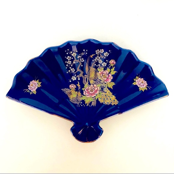 Antique Japanese Porcelain Fan Plate & Flowers Bowl Cobalt Blue. Collectible - Picture 2 of 8